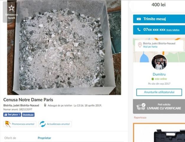 Cenușă de la Notre Dame, vând cenușa de la Notre Dame, au scos cenușa la vânzare, incendiul de la Notre Dame,, incendiul din Paris, Catedrala Notre Dame