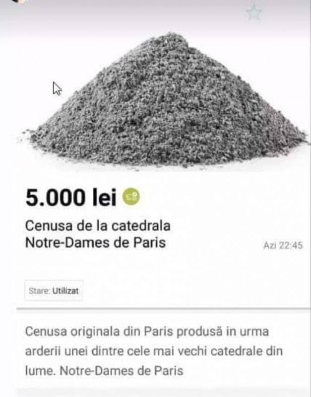 Cenușă de la Notre Dame, vând cenușa de la Notre Dame, au scos cenușa la vânzare, incendiul de la Notre Dame,, incendiul din Paris, Catedrala Notre Dame