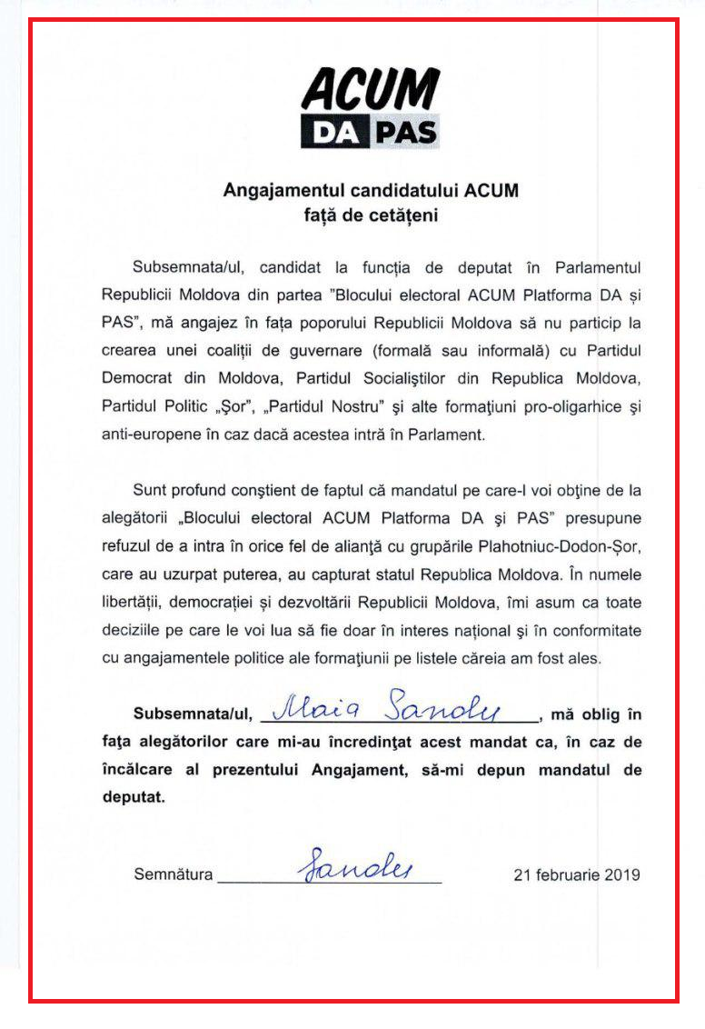 Documentul semnat de PAS și DA care a fost încălcat de Maia Sandu