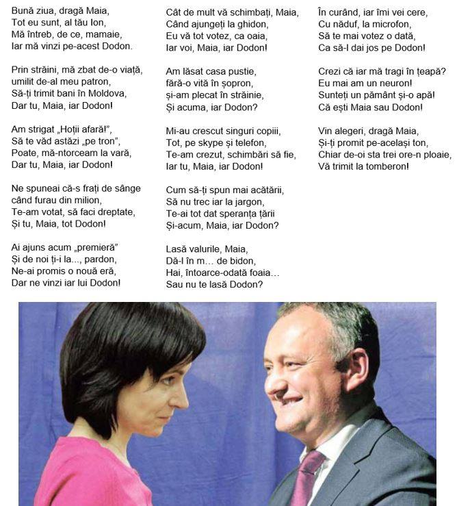 "Bună ziua, dragă Maie, iar mă vinzi pe-acest Dodon...", un moldovean din diaspora a dedicat Maiei Sandu o poezie