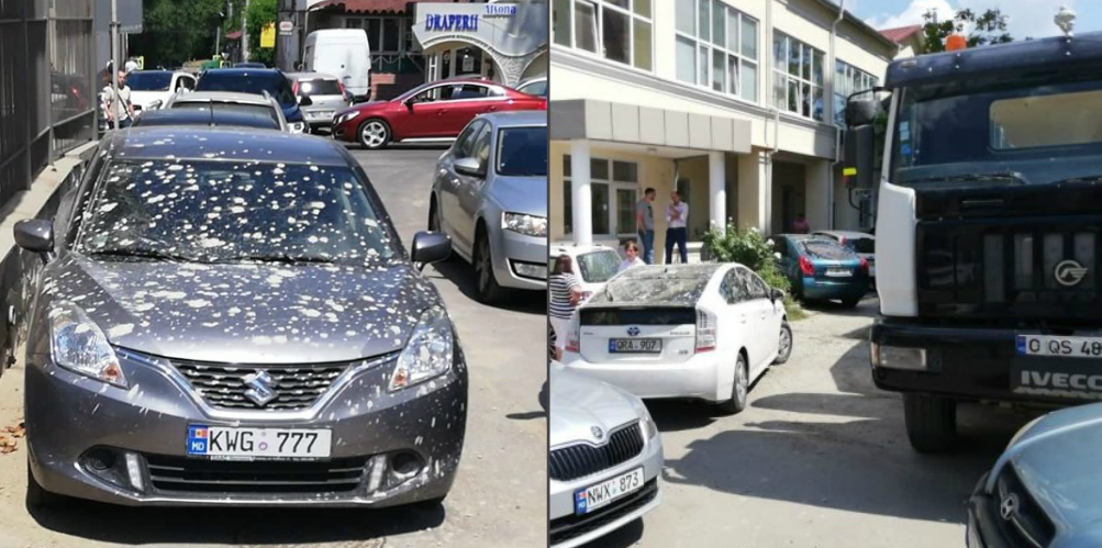 Mai multe mașini parcate pe o stradă din centru Capitalei, au fost stropite cu beton, orasul chisinau, politia moldova,