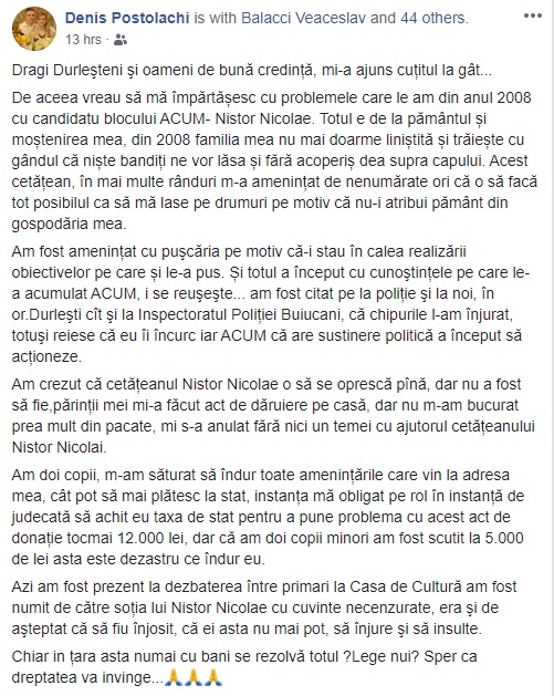 Denis Postolache, Nicolae Nistor, candidat Blocul ACUM, Primăria Durlești