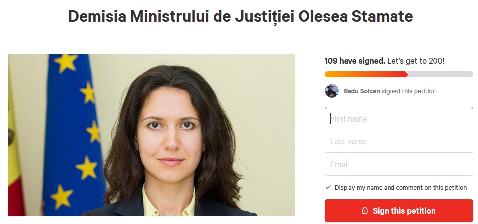 Olesea Stamate, Petiție de demitere, Ministrul Justiției, Guvernul Maia Sandu
