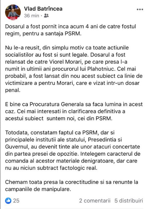 Postare facebook, Vlad Bătrâncea, PSRM