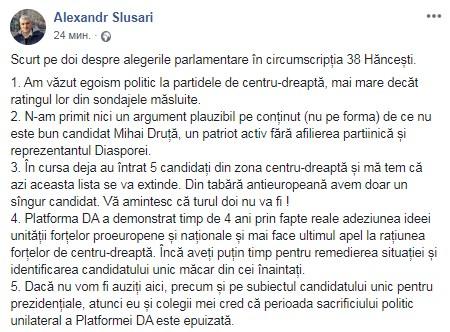 Postare Facebook, Alexandru Slusari